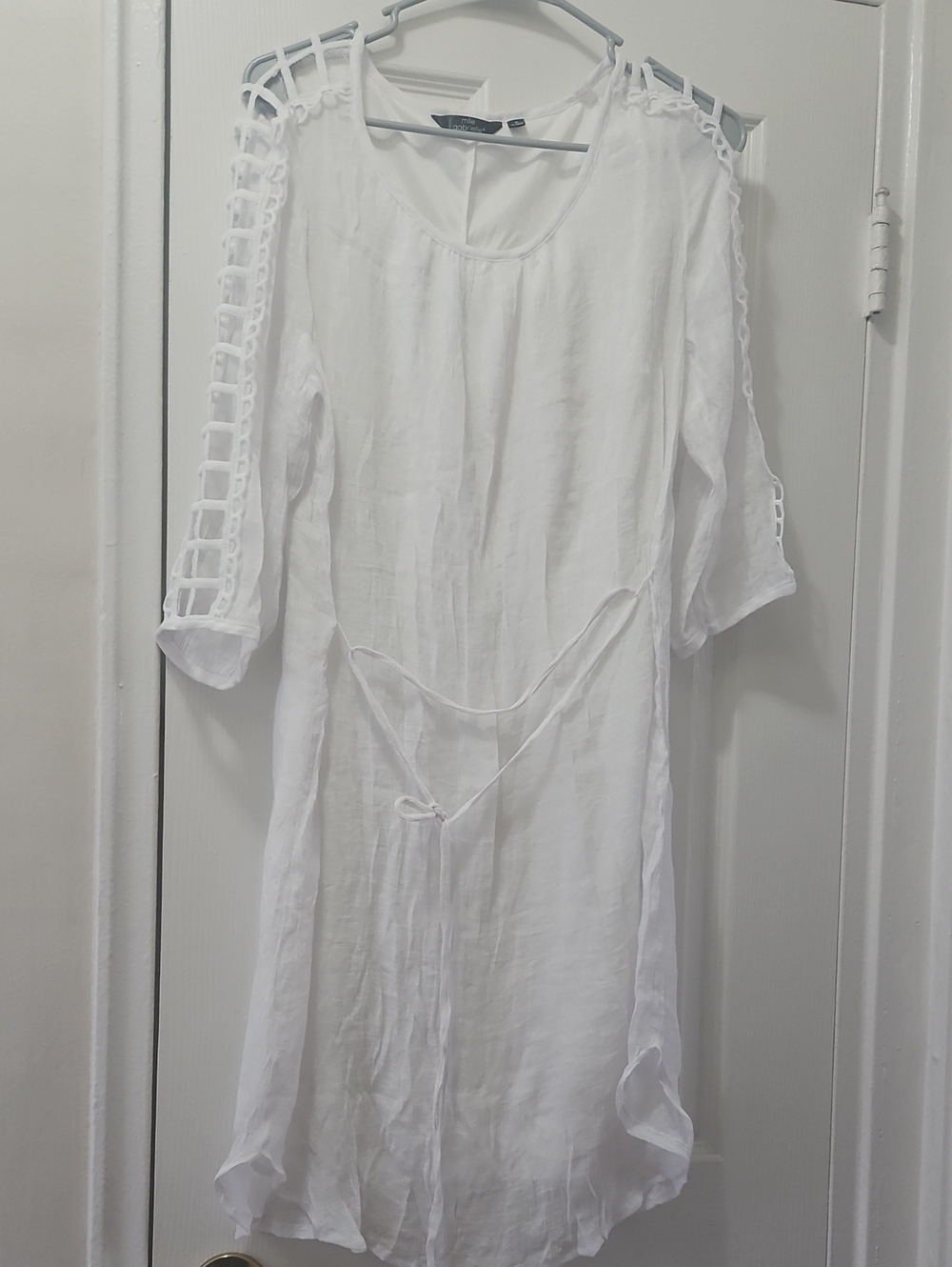 White Lightweight Lattice-Sleeve Tunic Dress